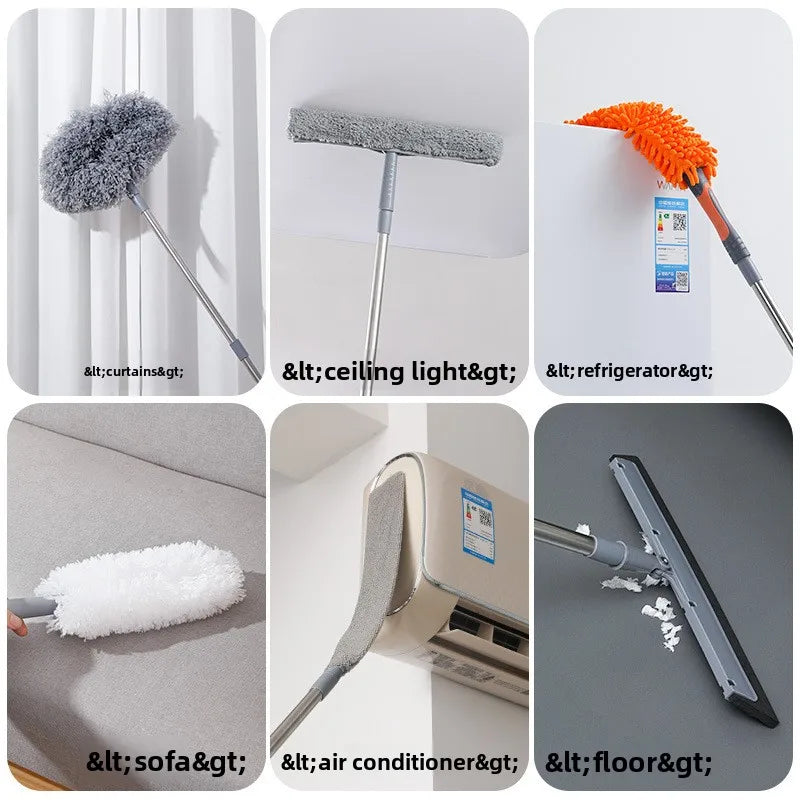 A collection of various retractable microfiber dusters including a grey feather duster, a light gray ceiling light duster, an