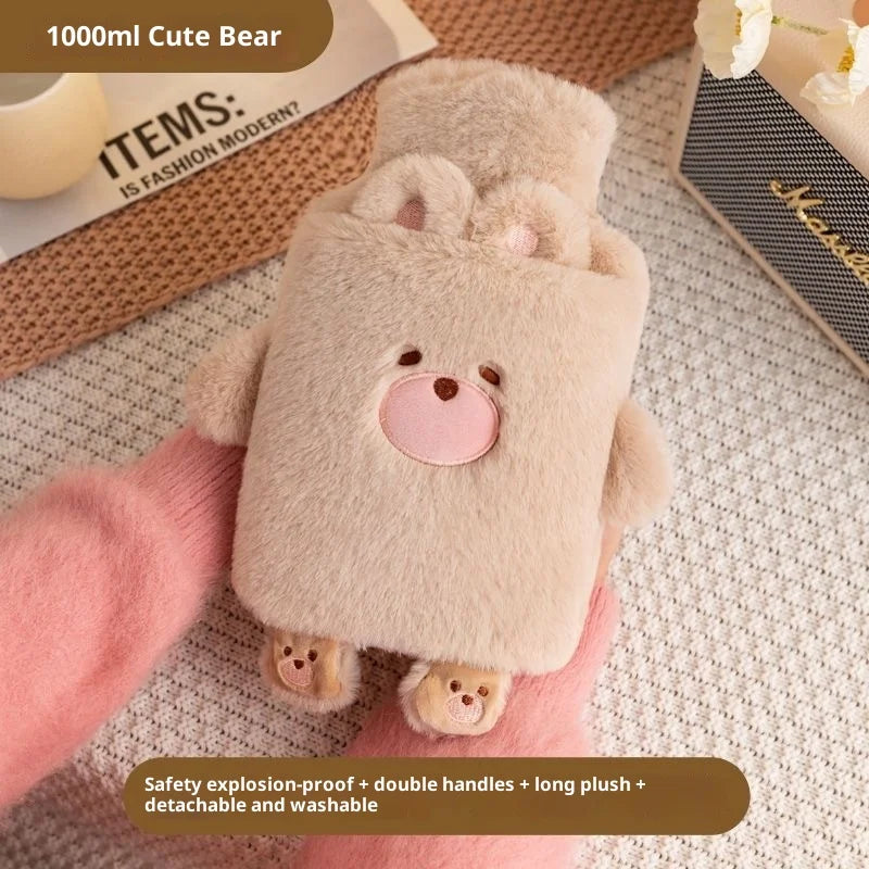 A light beige cute bear plush toy is held in a hand, showcasing its soft texture and features.
