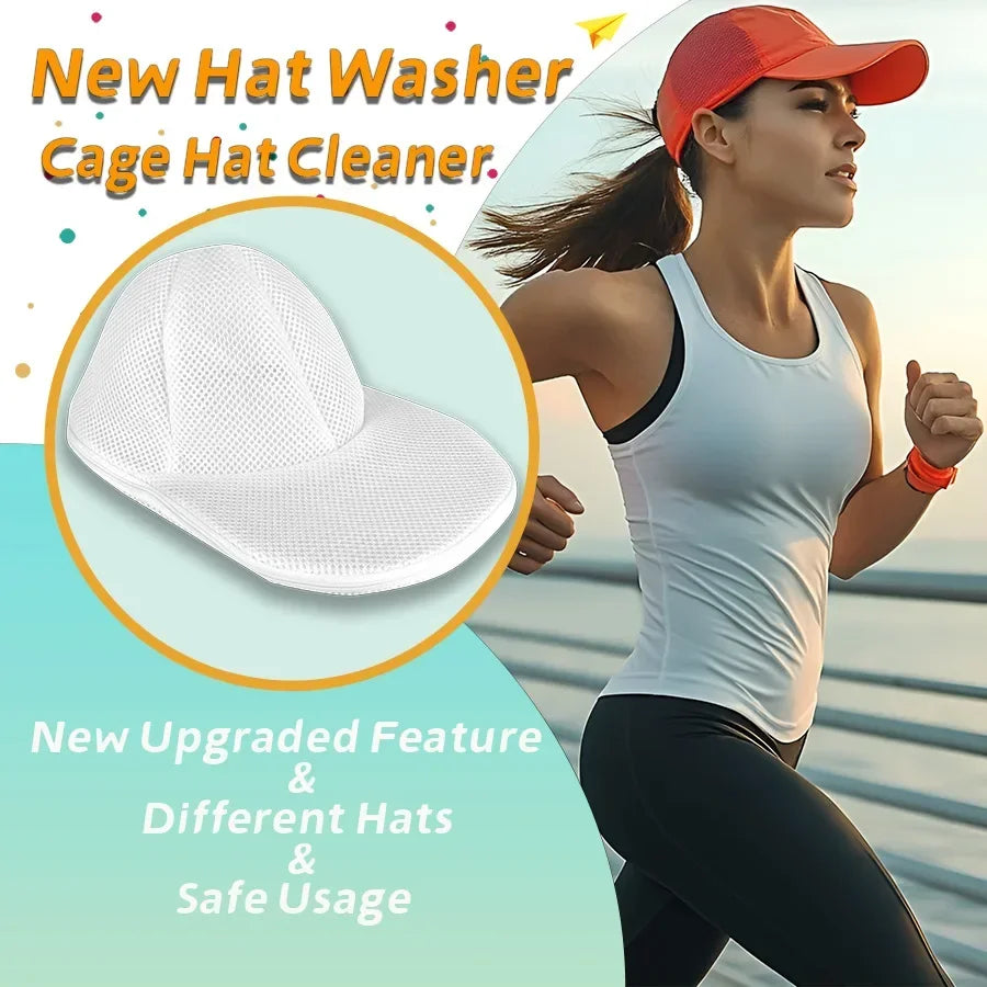 A woman is using a new hat washer cage cleaner on a white hat, highlighting an upgraded feature for different hats and safe u
