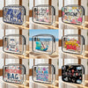 A collection of clear acrylic storage pouches featuring various labels like Medicine Bag, Tooth Care Stuff, and Plug's Cables