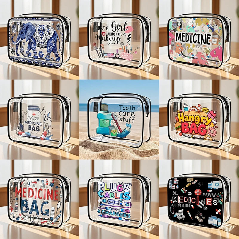 A collection of clear acrylic storage pouches featuring various labels like Medicine Bag, Tooth Care Stuff, and Plug's Cables