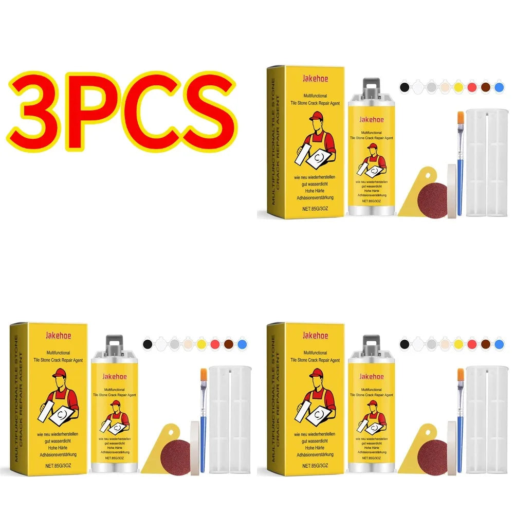 A set of professional tile stone crack repair kits shown in packaging and individual components.