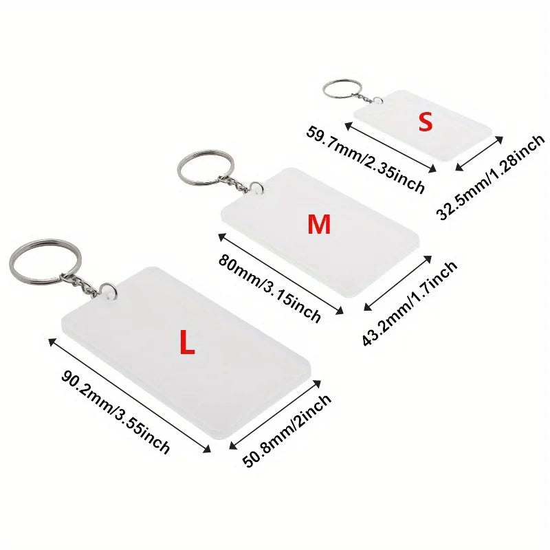 Three acrylic keychains labeled S, M, and L with different sizes and a metal ring.