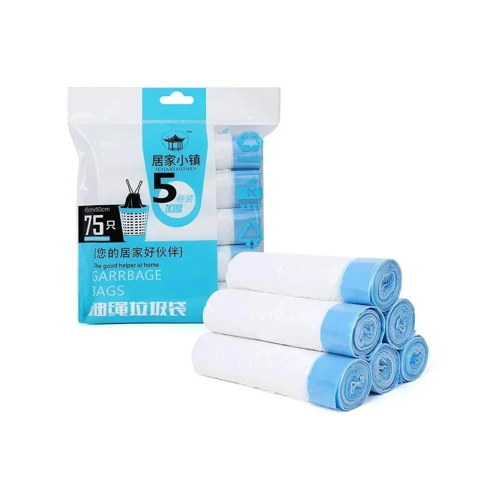 A package of five scented drawstring trash bags is shown next to a stack of four blue bags.