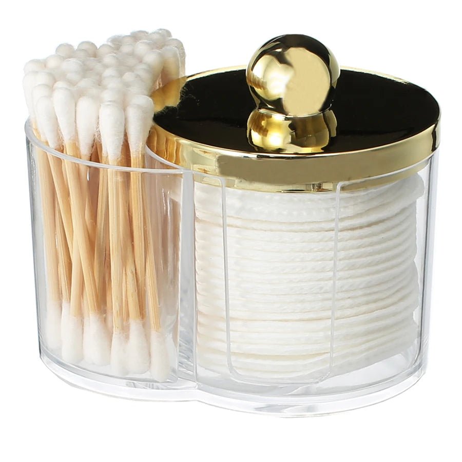Clear plastic bathroom organizer holding cotton swabs and makeup accessories with a gold-colored cap