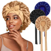 A woman models a satin sleeping cap with an adjustable tie band in beige, alongside dark and blue versions.