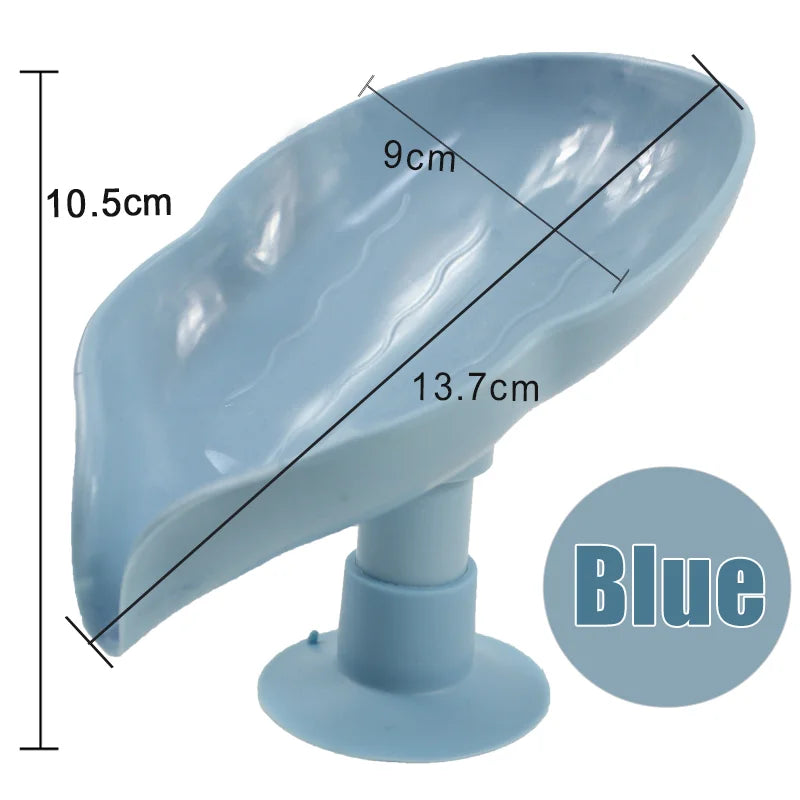A blue leaf-shaped suction cup soap dish with dimensions 10.5cm by 13.7cm.