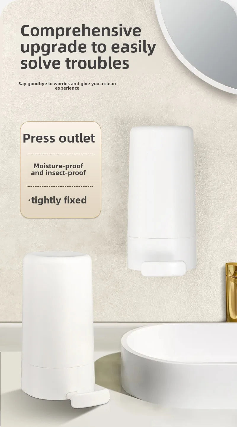 A white portable soap bar grinder with a press outlet and wall-mount design is shown next to a white toilet bowl.