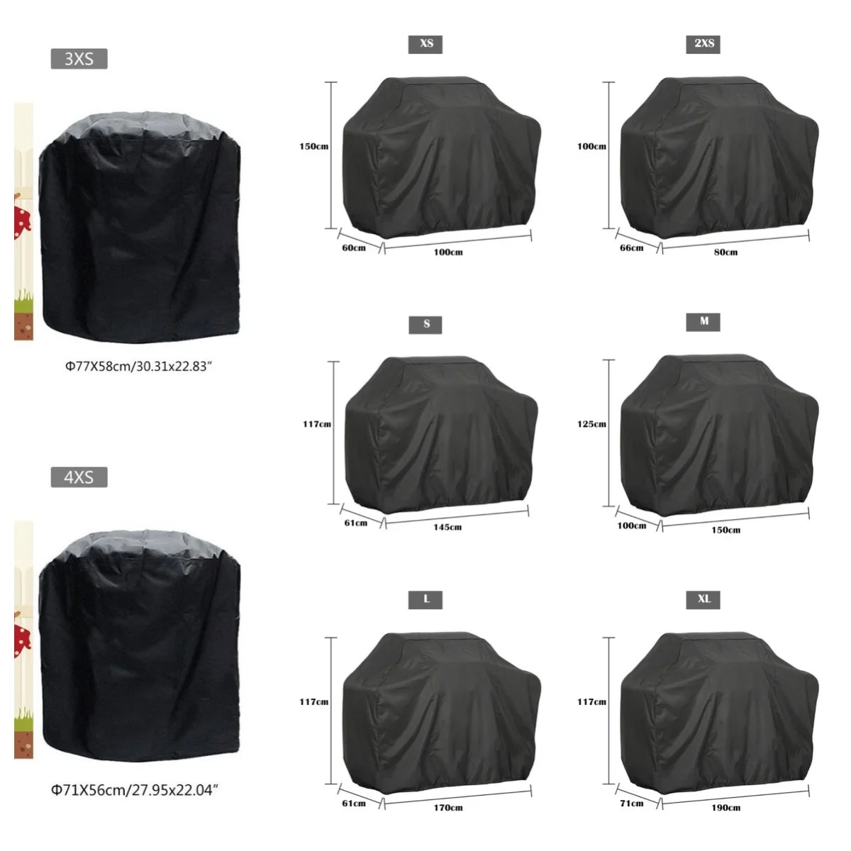 Various sizes of heavy-duty black grill covers for gas BBQ grills shown in a grid format.