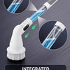 A white cordless electric spin scrubber with an integrated detergent dispenser and brush head is shown cleaning a surface.