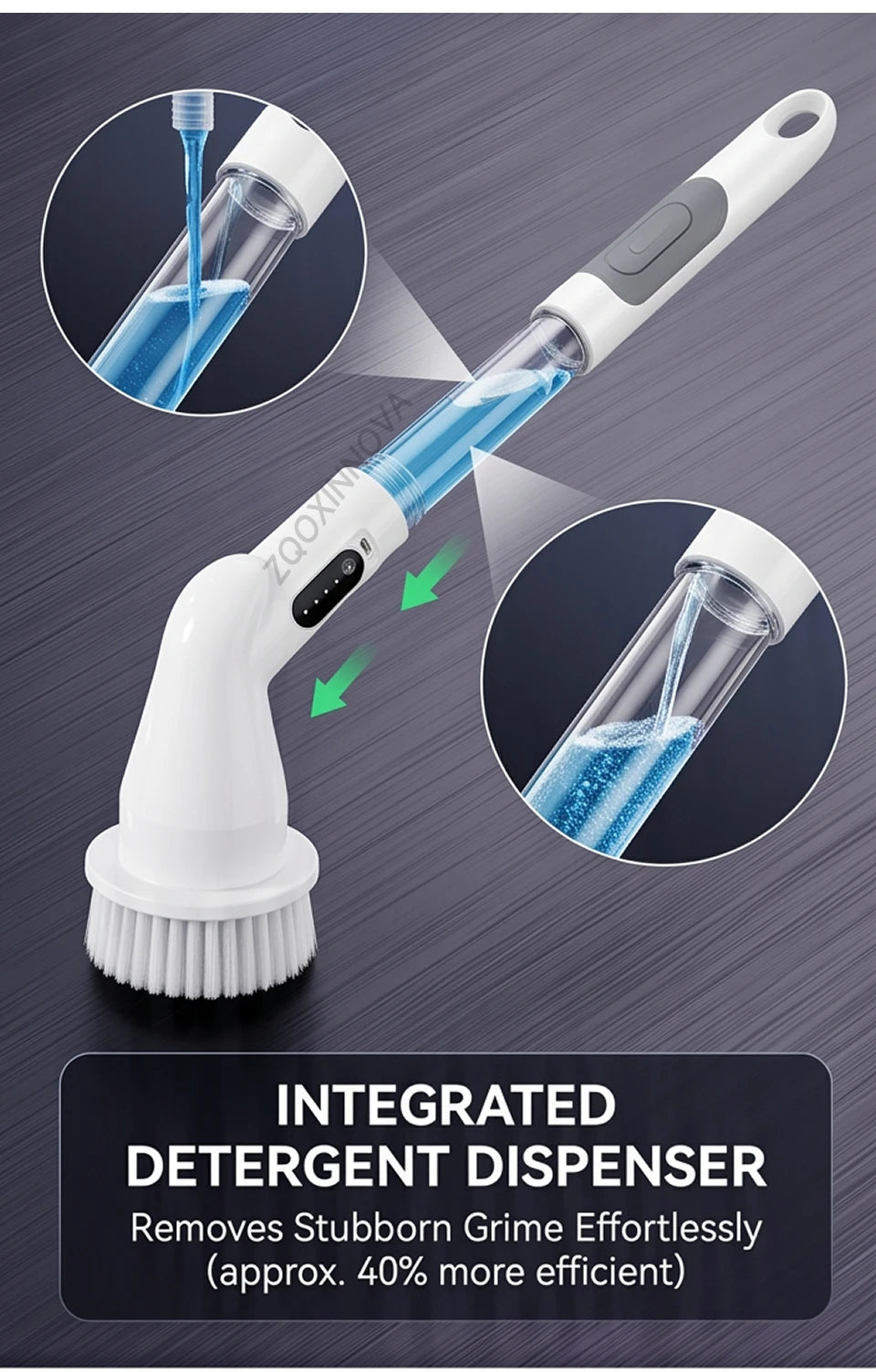 A white cordless electric spin scrubber with an integrated detergent dispenser and brush head is shown cleaning a surface.