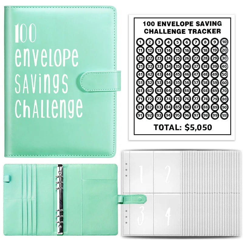 A mint green budget challenge binder featuring a tracker for 100 envelope savings challenges.