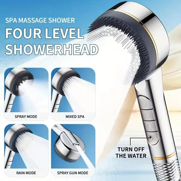 A silver spa massage showerhead is shown with various spray modes including spray mode, mixed spa, rain mode, and spray gun m
