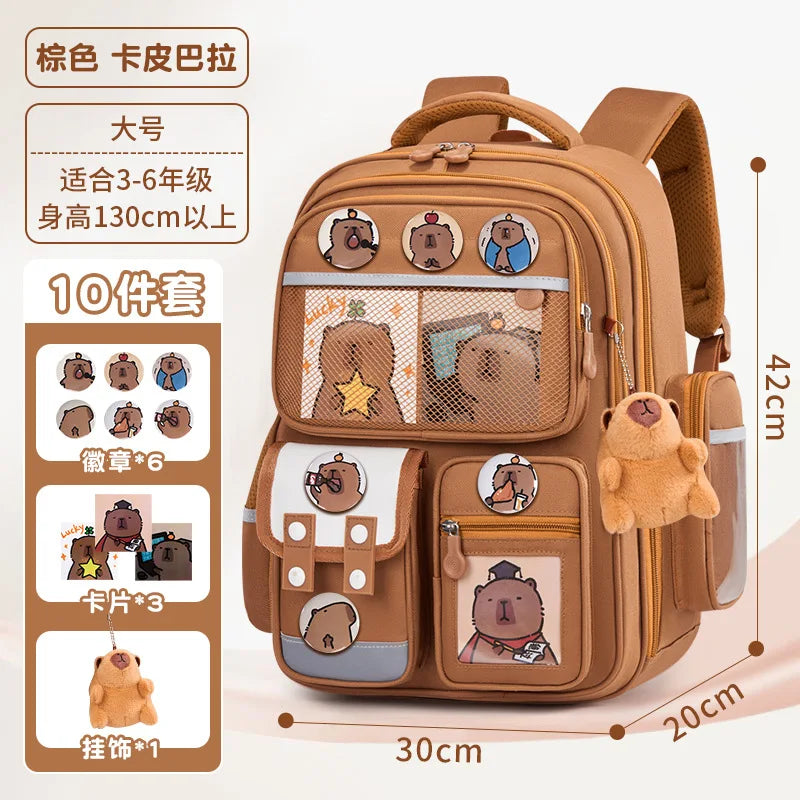 A brown capybara style school backpack for kids featuring various animal patches and compartments.