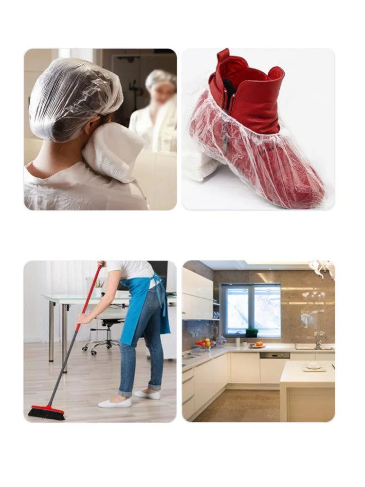 Disposable transparent shower caps in red and white packaging shown with a cleaning mop and kitchen setting.