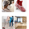 Disposable transparent shower caps in red and white packaging shown with a cleaning mop and kitchen setting.