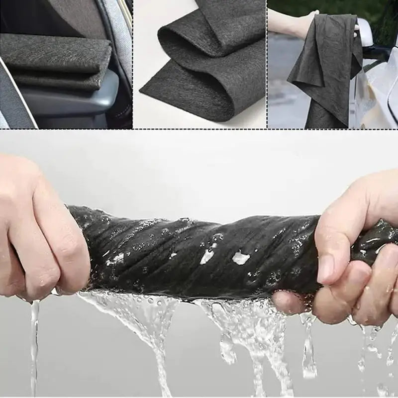 Paños de limpieza reutilizables de microfibra doblados y siendo usados para limpiar una superficie con agua.