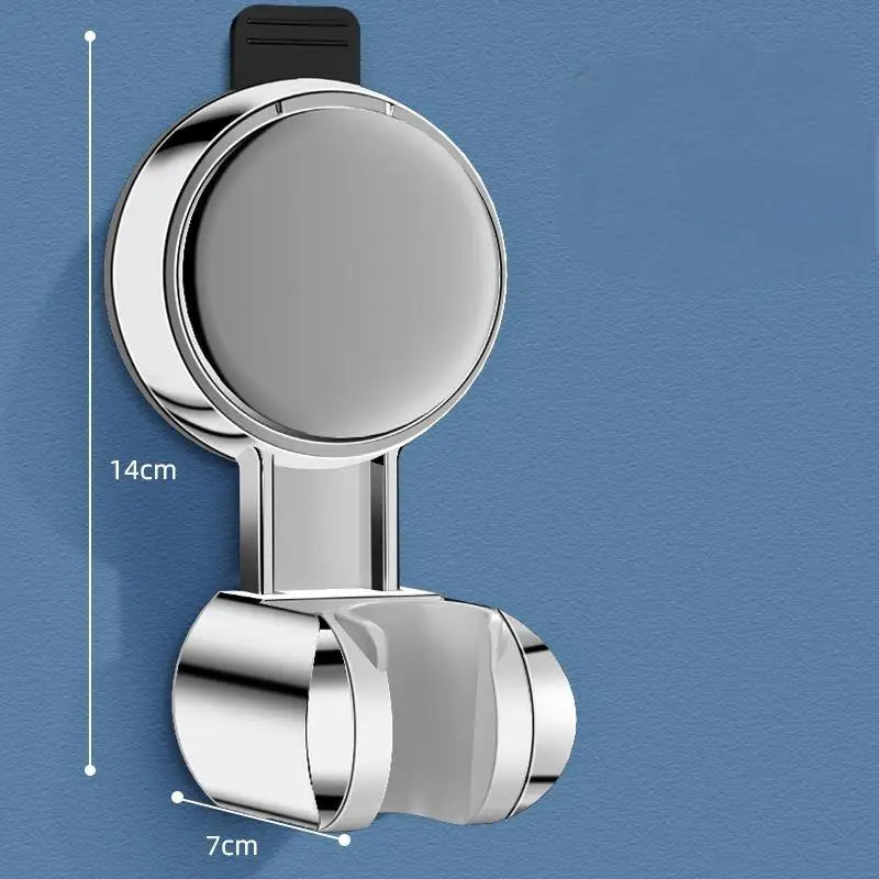 A chrome shower head holder with an adjustable suction cup design shown against a blue background.