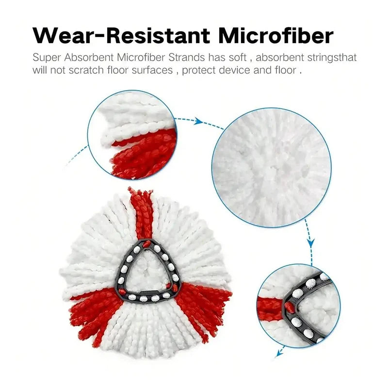 Close-up view of a white and red microfiber mop head with a black ring, showing the absorbent strands.