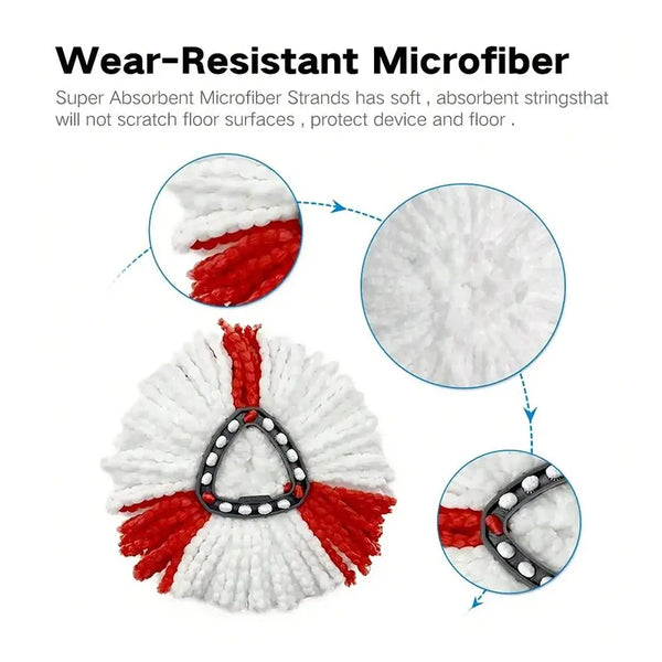 Close-up view of a white and red microfiber mop head with a black ring, showing the absorbent strands.
