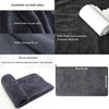 A stack of dark gray microfiber car cleaning towels shown alongside a flat towel and size measurements.