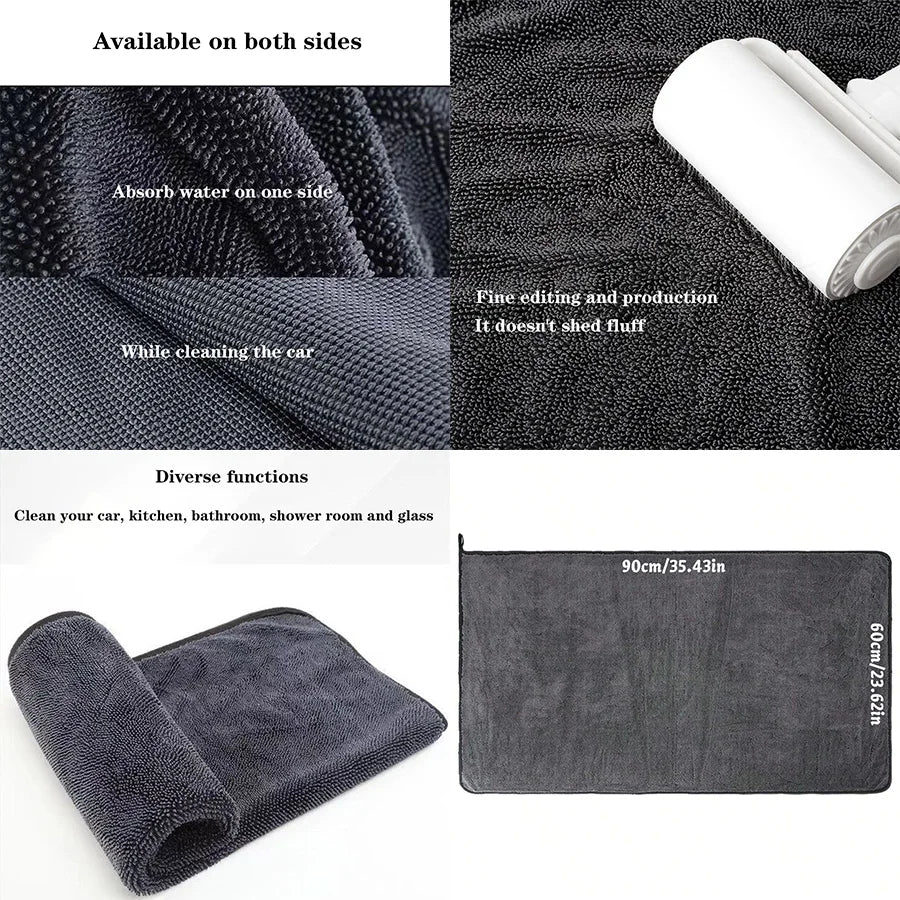 A stack of dark gray microfiber car cleaning towels shown alongside a flat towel and size measurements.
