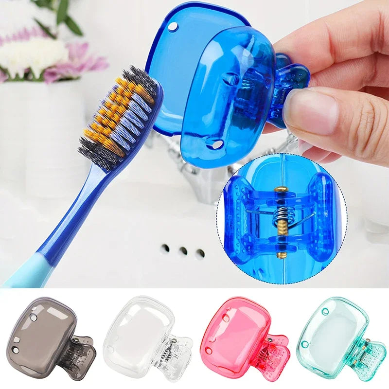 A hand holds a blue protective cap for a toothbrush holder, showing various clear and colored silicone caps.
