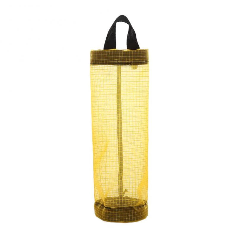 Distributeur de sacs de courses en filet jaune avec poignée noire.
