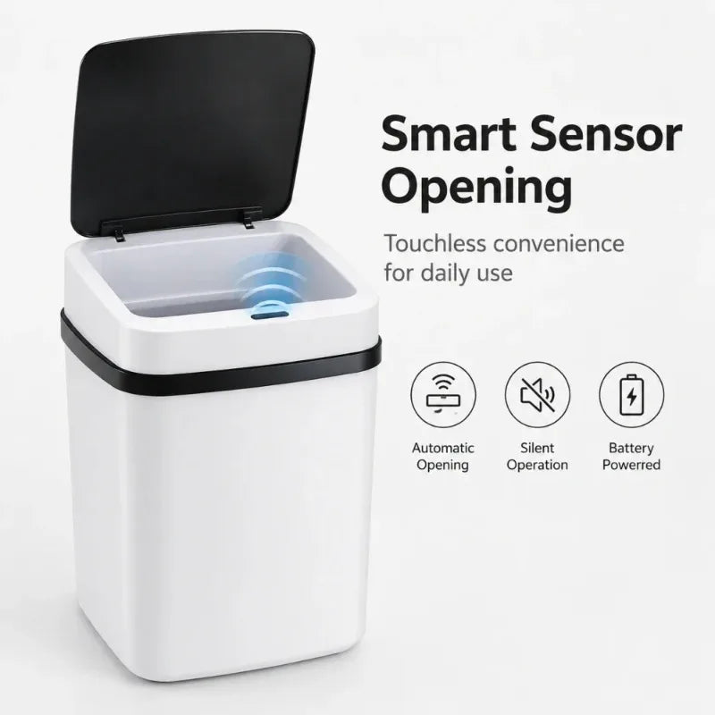 A white automatic touchless sensor opening trash can with a black lid and sensor display.