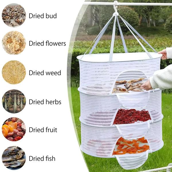 A portable folding drying rack with multiple tiers used for drying various foods like dried buds, flowers, weeds, herbs, frui