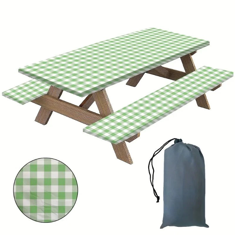 A plaid tablecloth set featuring a green and white checkered mat and a matching fabric bag.