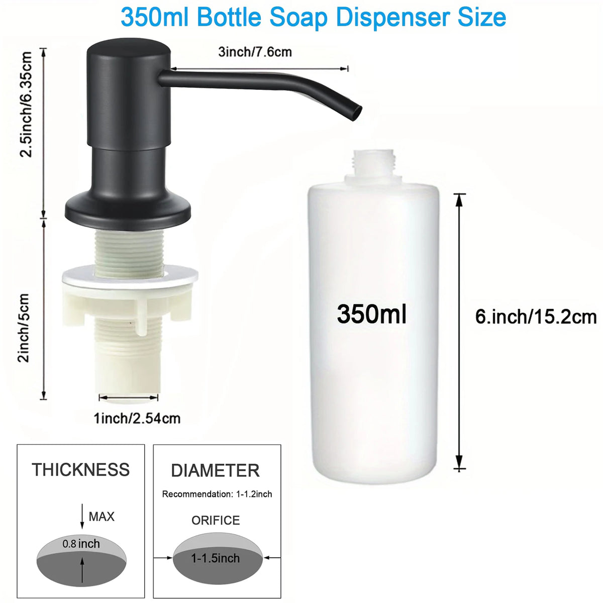 A black stainless steel liquid soap dispenser bottle with a 350ml capacity and a pump top.