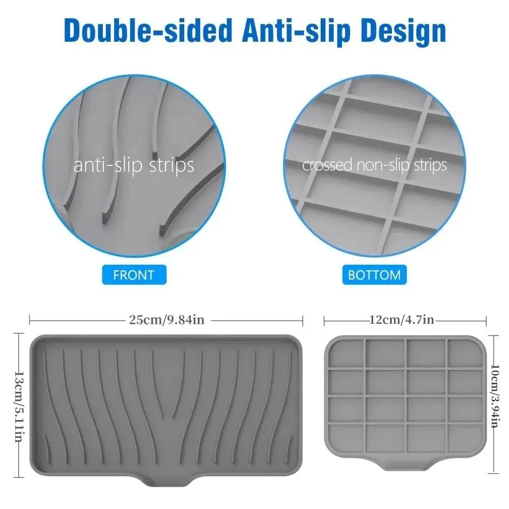 A silicone draining soap tray organizer shown from the front and bottom, featuring double-sided anti-slip designs.