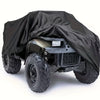 A black heavy-duty ATV cover is shown protecting an ATV, featuring a rugged front grille and large tires.