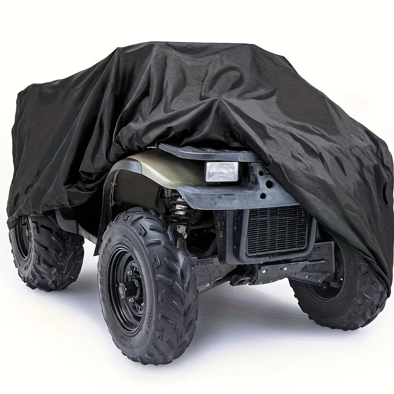 A black heavy-duty ATV cover is shown protecting an ATV, featuring a rugged front grille and large tires.