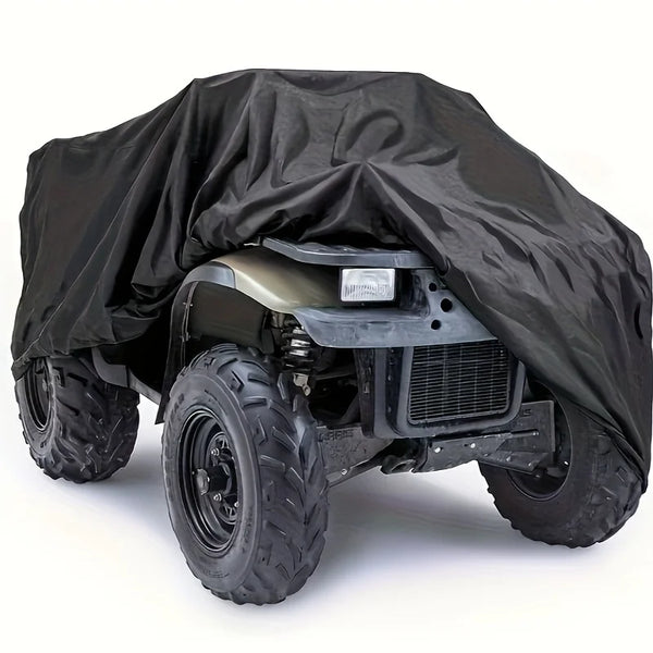 A black heavy-duty ATV cover is shown protecting an ATV, featuring a rugged front grille and large tires.