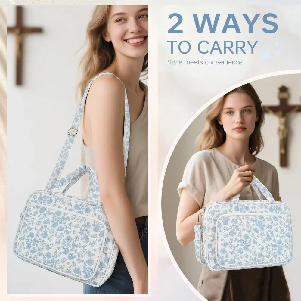 A woman holds a light blue floral quilted Bible cover bag with study accessories.