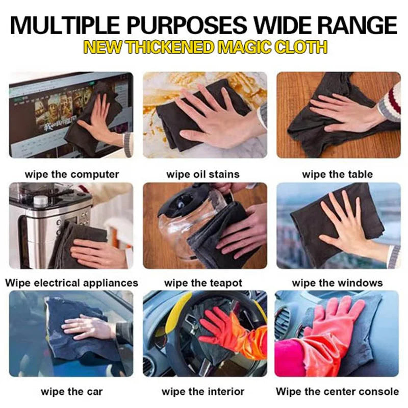 A collection of new thickened magic cloths being used to wipe various surfaces including computers, oil stains, tables, elect