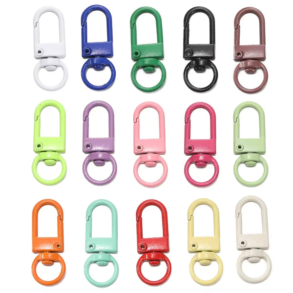 A collection of colorful alloy snap lobster clasp hooks for jewelry making in various colors like white, blue, green, pink, a