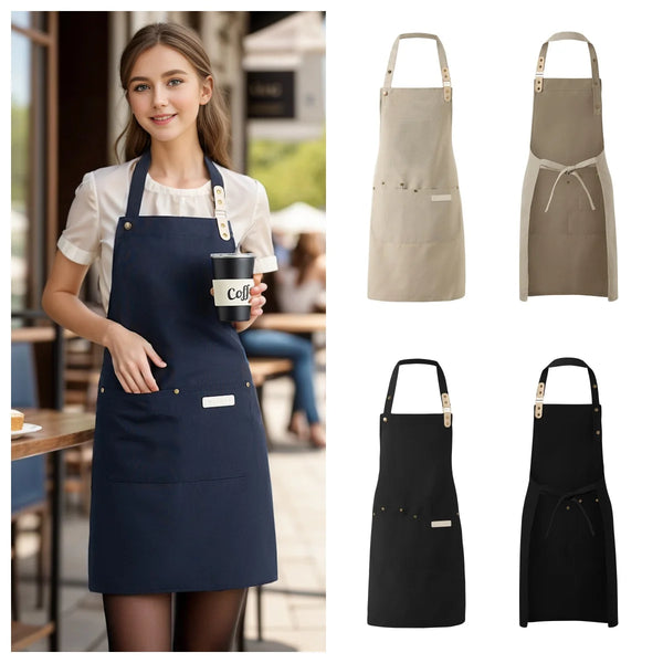 A stack of unisex waterproof canvas chef aprons in beige and black colors.