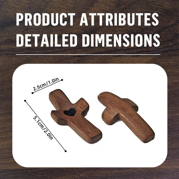 Two handmade wooden cross fidgets showing detailed dimensions for stress relief.