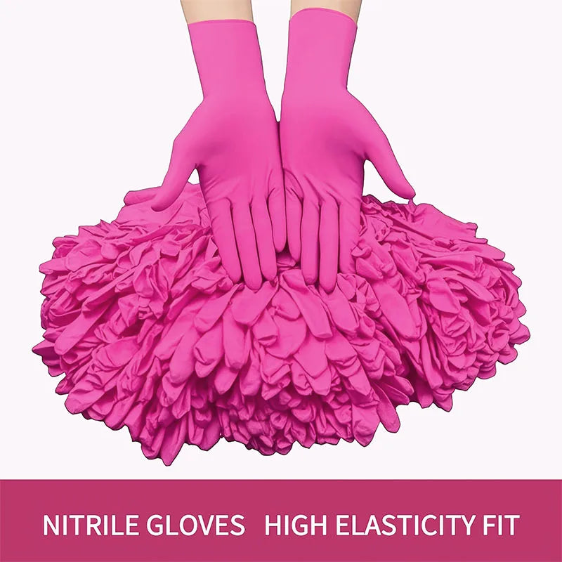 Par de guantes de nitrilo rosa brillante con una falda voluminosa de tela a juego