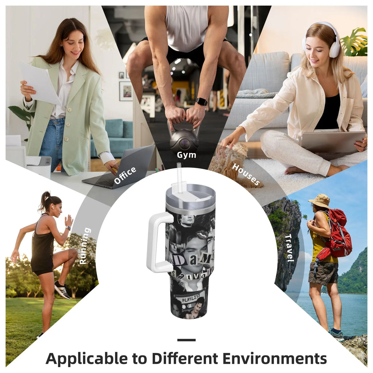 A durable stainless steel thermal tumbler featuring a graphic design, shown in various outdoor and office contexts.