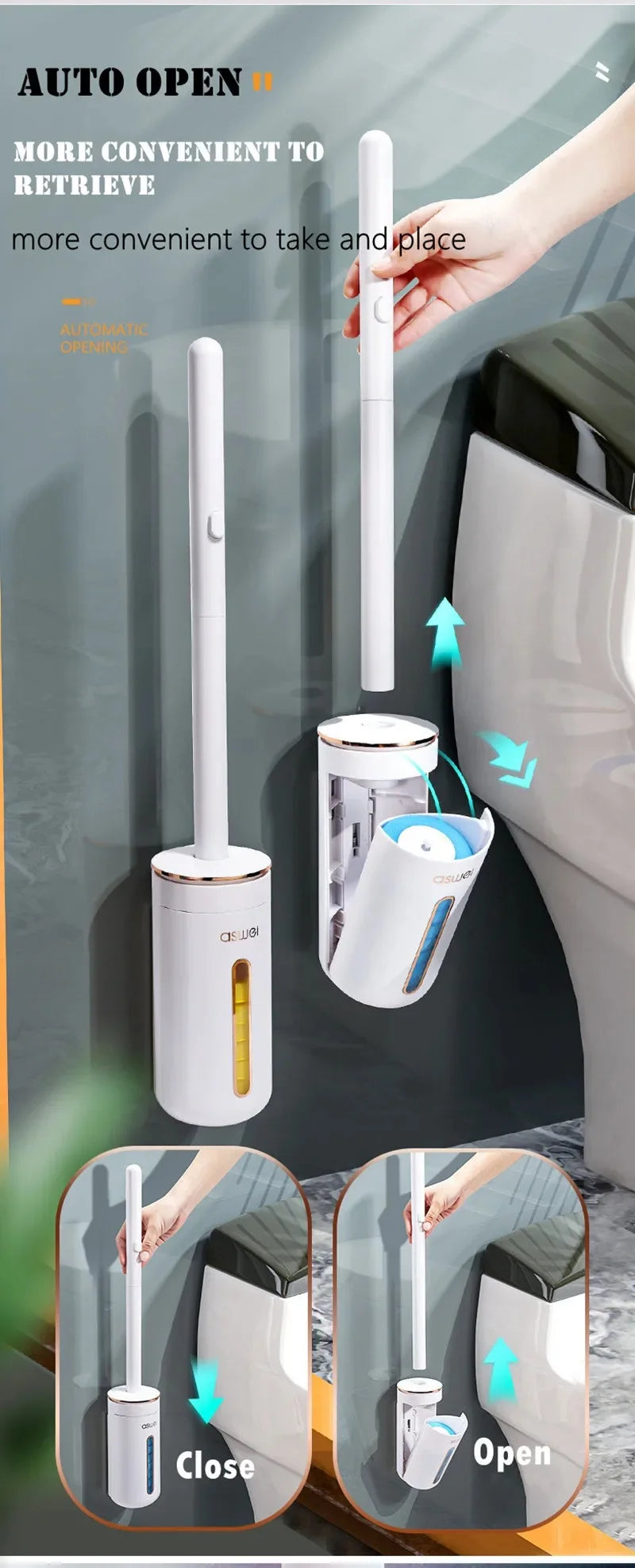 A white disposable toilet brush set with an automatic opening mechanism is shown being used to clean a toilet bowl.