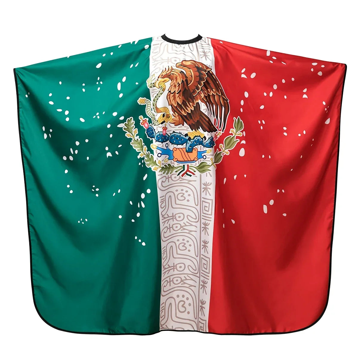 A fabric cape featuring vertical stripes of green, white, and red with an eagle design.