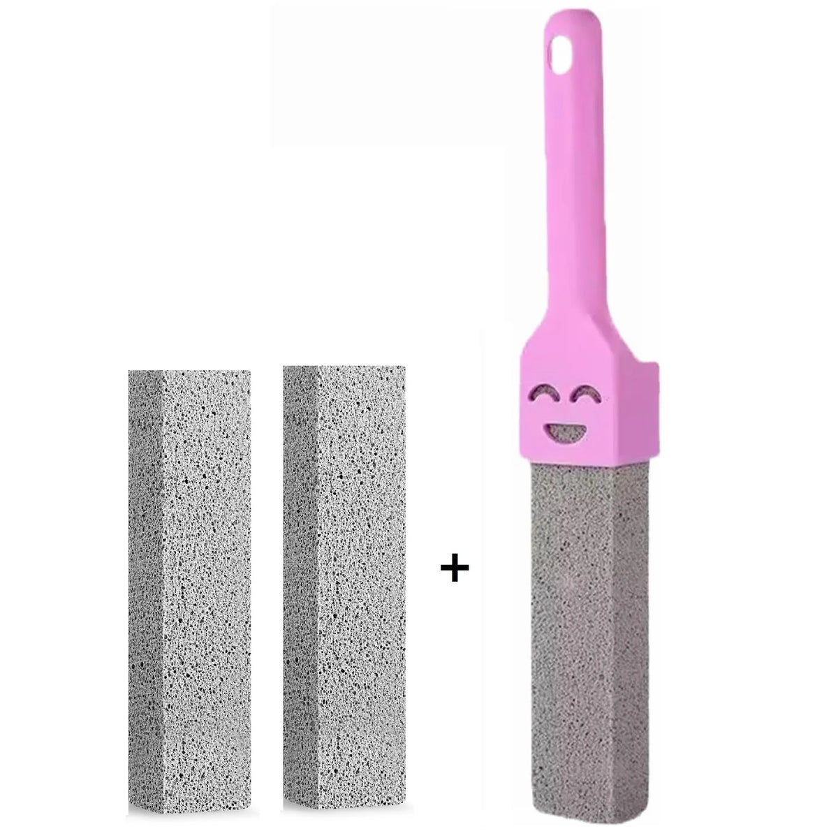 A pink natural pumice cleaning stick with a handle and a gray pumice block.