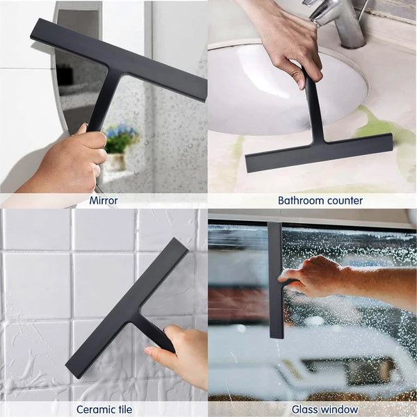 Silicone shower squeegee used for cleaning glass windows, mirrors, and ceramic tiles.