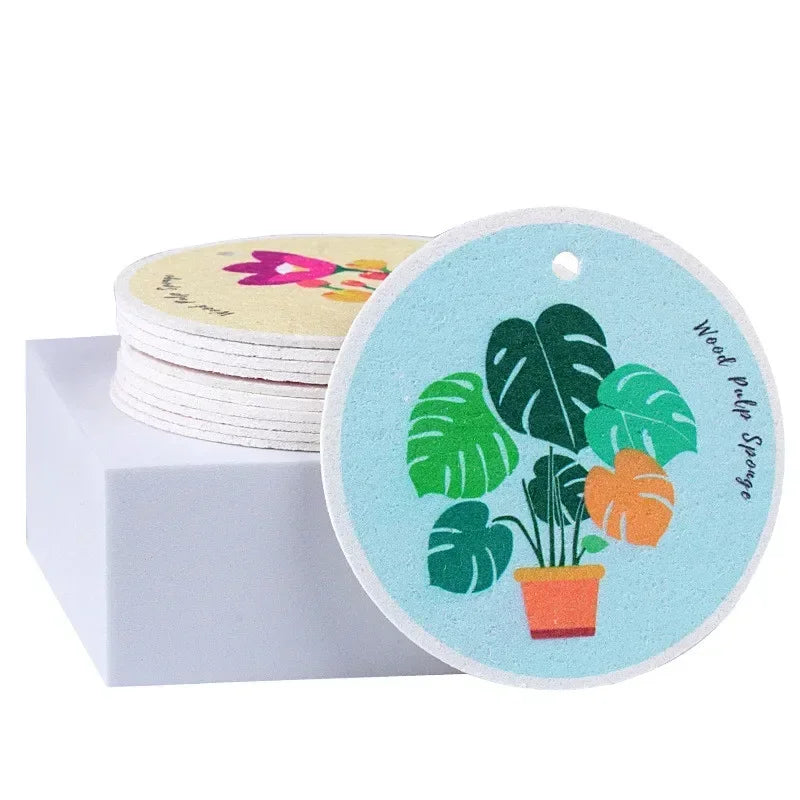 A circular teal sponge with a green Monstera plant design is shown next to a stack of white sponges.