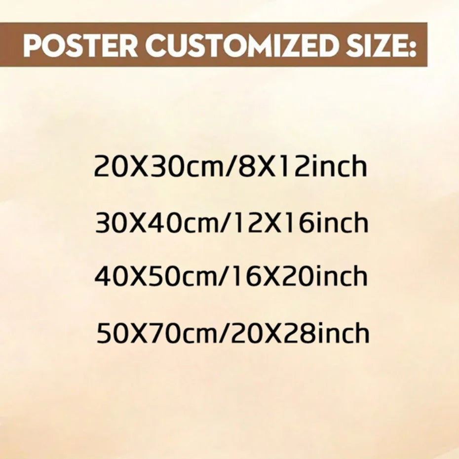 A list of customizable poster sizes including 20x30cm, 30x40cm, 40x50cm, and 50x70cm options.