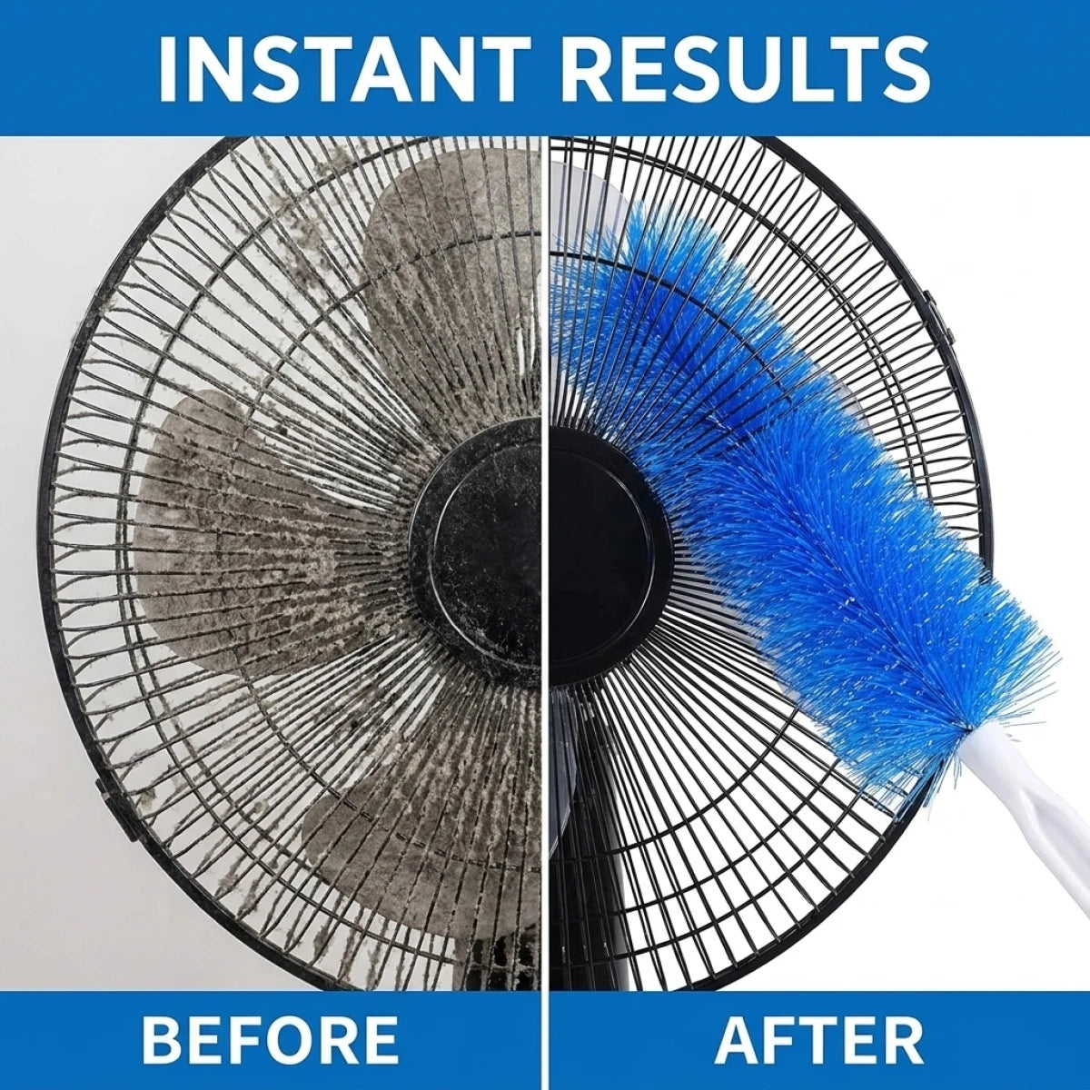 Before and after comparison of a ceiling fan cleaning brush showing dirt removal.